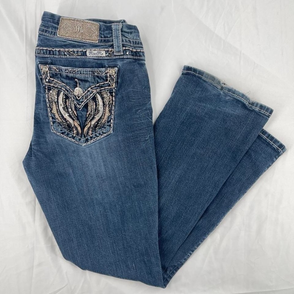 Y2K Miss Me Bootcut Jeans 32 Angel Wing Sequin Bling Grunge Distressed Faded
